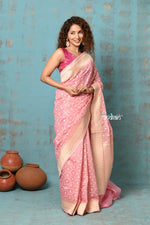 Thumbnail for Very Much Indian Tejaswi - Exclusive High Quality Handloom Banarasi Cotton Saree with Beautiful Abstract Print- Salient Pink - Distacart