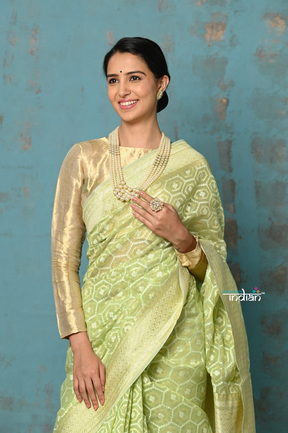 Very Much Indian Tejaswi - Exclusive High Quality Handloom Banarasi Cotton Saree with Beautiful Abstract Print- Honeydew Green - Distacart