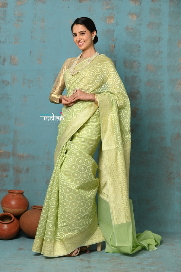 Very Much Indian Tejaswi - Exclusive High Quality Handloom Banarasi Cotton Saree with Beautiful Abstract Print- Honeydew Green - Distacart