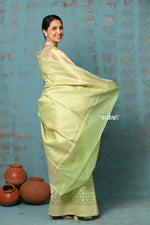 Thumbnail for Very Much Indian Tejaswi - Exclusive High Quality Handloom Banarasi Cotton Saree with Beautiful Abstract Print- Honeydew Green - Distacart