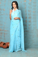 Thumbnail for Very Much Indian Tyohaar - Pure Mul Cotton Handloom Saree - Sky Blue - Distacart
