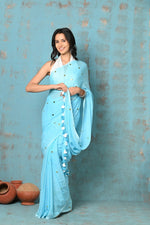 Thumbnail for Very Much Indian Tyohaar - Pure Mul Cotton Handloom Saree - Sky Blue - Distacart