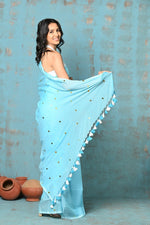 Thumbnail for Very Much Indian Tyohaar - Pure Mul Cotton Handloom Saree - Sky Blue - Distacart