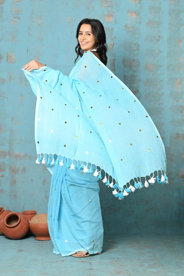 Very Much Indian Tyohaar - Pure Mul Cotton Handloom Saree - Sky Blue - Distacart