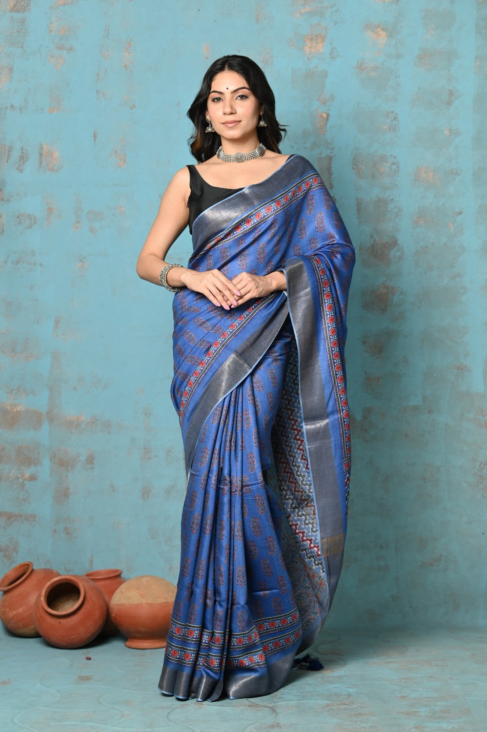 Very Much Indian Tyohaar - Designed By VMI- Handloom Pure Tussar Silk Saree With Handblock Print
