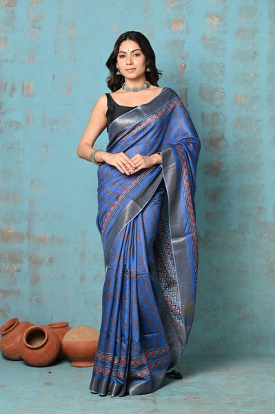 Very Much Indian Tyohaar - Designed By VMI- Handloom Pure Tussar Silk Saree With Handblock Print
