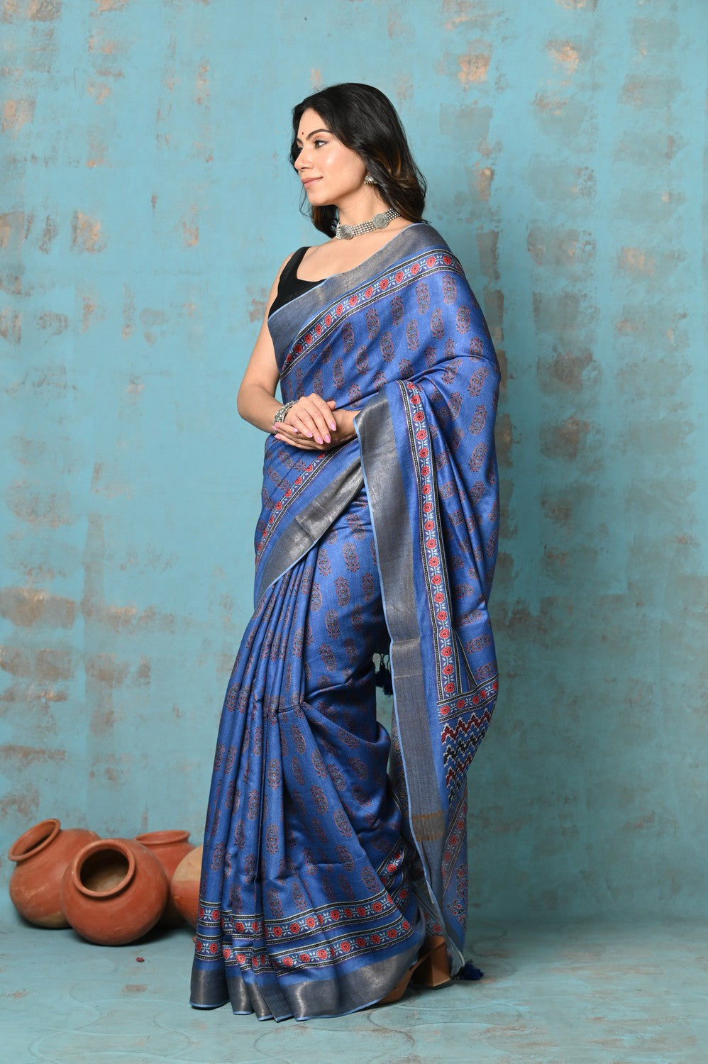 Very Much Indian Tyohaar - Designed By VMI- Handloom Pure Tussar Silk Saree With Handblock Print