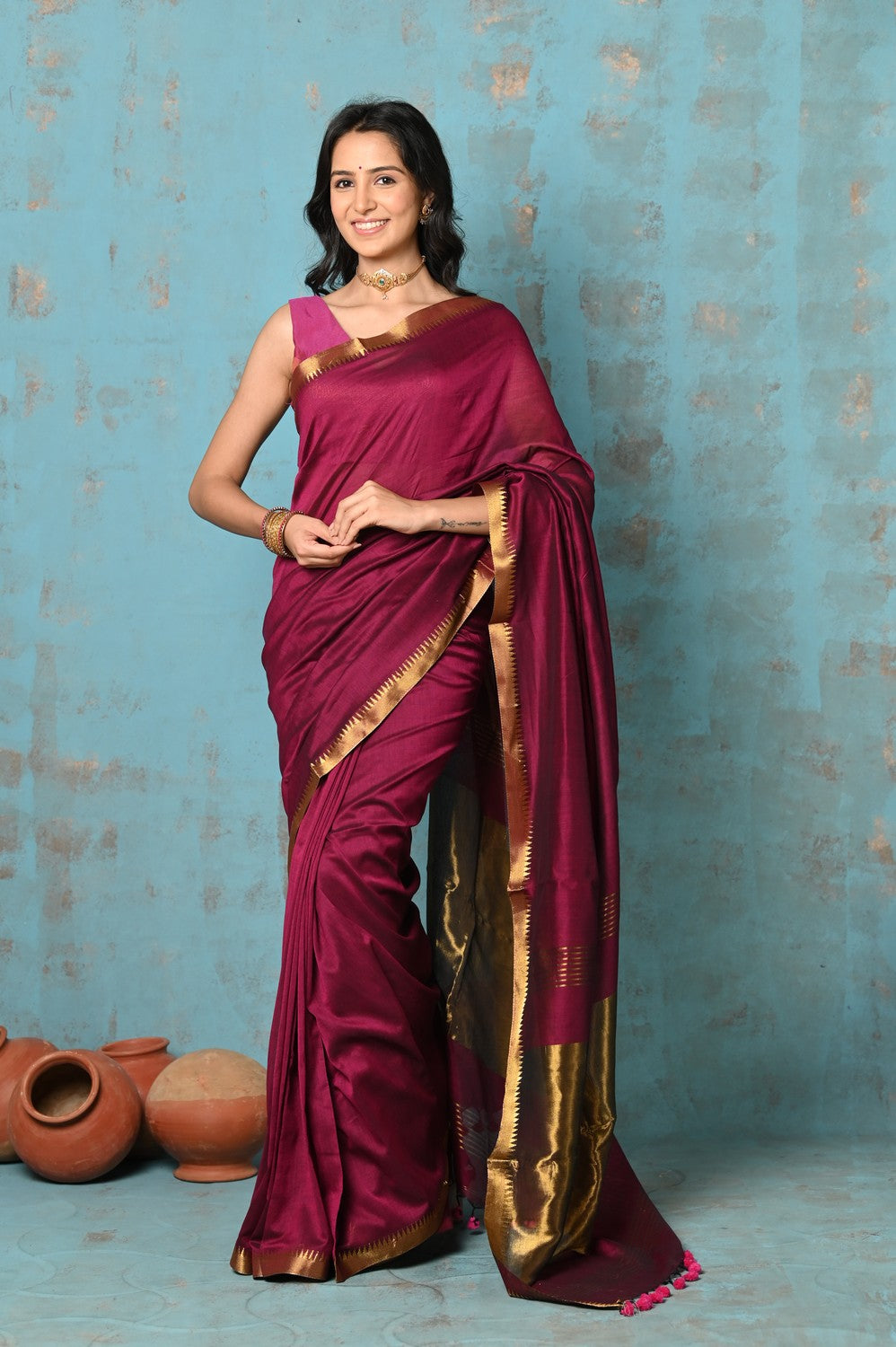 Very Much Indian Designed by VMI - High Quality Comfortable Cotton Handloom Woven with Sleek Border and Flower Buttis- Magenta