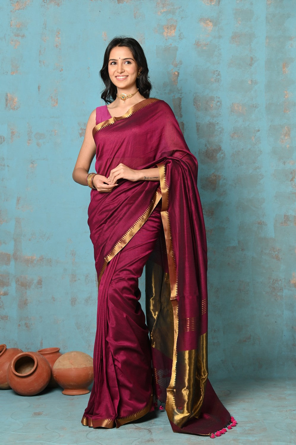 Very Much Indian Designed by VMI - High Quality Comfortable Cotton Handloom Woven with Sleek Border and Flower Buttis- Magenta