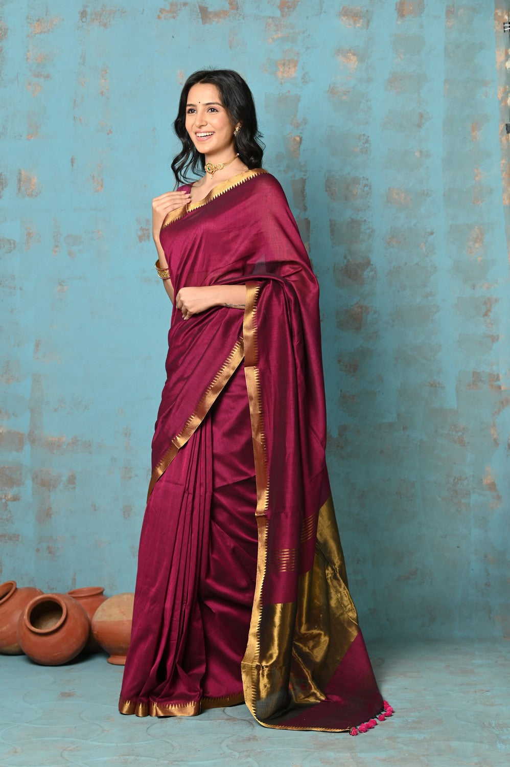 Very Much Indian Designed by VMI - High Quality Comfortable Cotton Handloom Woven with Sleek Border and Flower Buttis- Magenta
