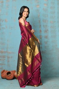 Thumbnail for Very Much Indian Designed by VMI - High Quality Comfortable Cotton Handloom Woven with Sleek Border and Flower Buttis- Magenta