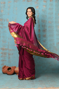 Thumbnail for Very Much Indian Designed by VMI - High Quality Comfortable Cotton Handloom Woven with Sleek Border and Flower Buttis- Magenta