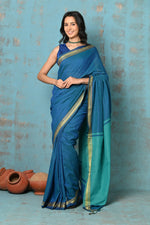 Thumbnail for Very Much Indian Tyohaar - Pure Mul Cotton Handloom Saree - Teal Blue - Distacart