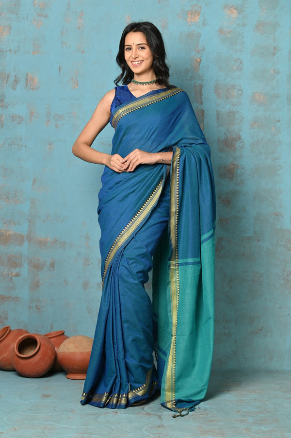 Very Much Indian Tyohaar - Pure Mul Cotton Handloom Saree - Teal Blue - Distacart