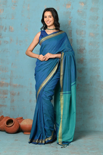 Very Much Indian Tyohaar - Pure Mul Cotton Handloom Saree - Teal Blue - Distacart