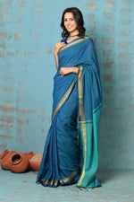 Thumbnail for Very Much Indian Tyohaar - Pure Mul Cotton Handloom Saree - Teal Blue - Distacart