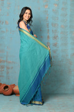 Thumbnail for Very Much Indian Tyohaar - Pure Mul Cotton Handloom Saree - Teal Blue - Distacart