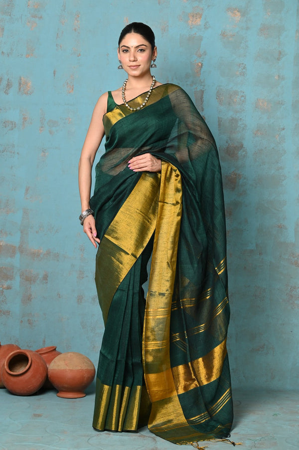Very Much Indian Tyohaar - Handloom Pure Cotton Linen Saree With Golden Border - Dark Green - Distacart