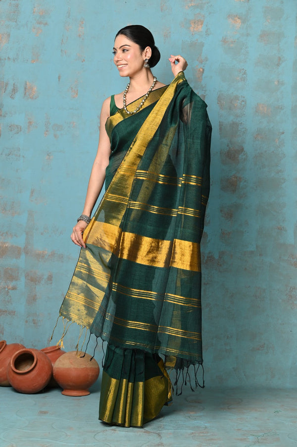 Very Much Indian Tyohaar - Handloom Pure Cotton Linen Saree With Golden Border - Dark Green - Distacart