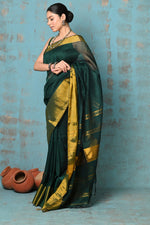 Thumbnail for Very Much Indian Tyohaar - Handloom Pure Cotton Linen Saree With Golden Border - Dark Green - Distacart