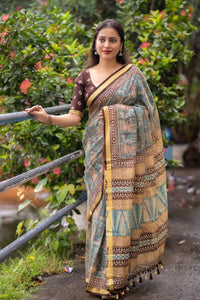Thumbnail for Grey Silk Blend Geometric Saree with Unstitched Blouse - A2M