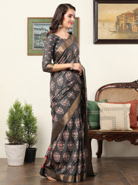 Thumbnail for NOZ2TOZ Women's Silk Blend Charcoal Grey Printed Designer Saree With Blouse Piece