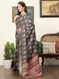 Thumbnail for NOZ2TOZ Women's Silk Blend Charcoal Grey Printed Designer Saree With Blouse Piece