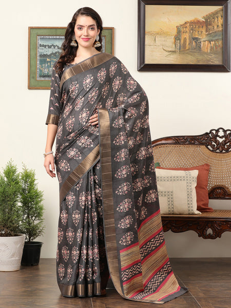 NOZ2TOZ Women's Silk Blend Charcoal Grey Printed Designer Saree With Blouse Piece