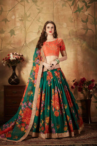 Thumbnail for Aastha Fashion Women's Refreshing Dark Green Floral Print Organza Silk Wedding Lehenga Choli With Orange Blouse - Distacart