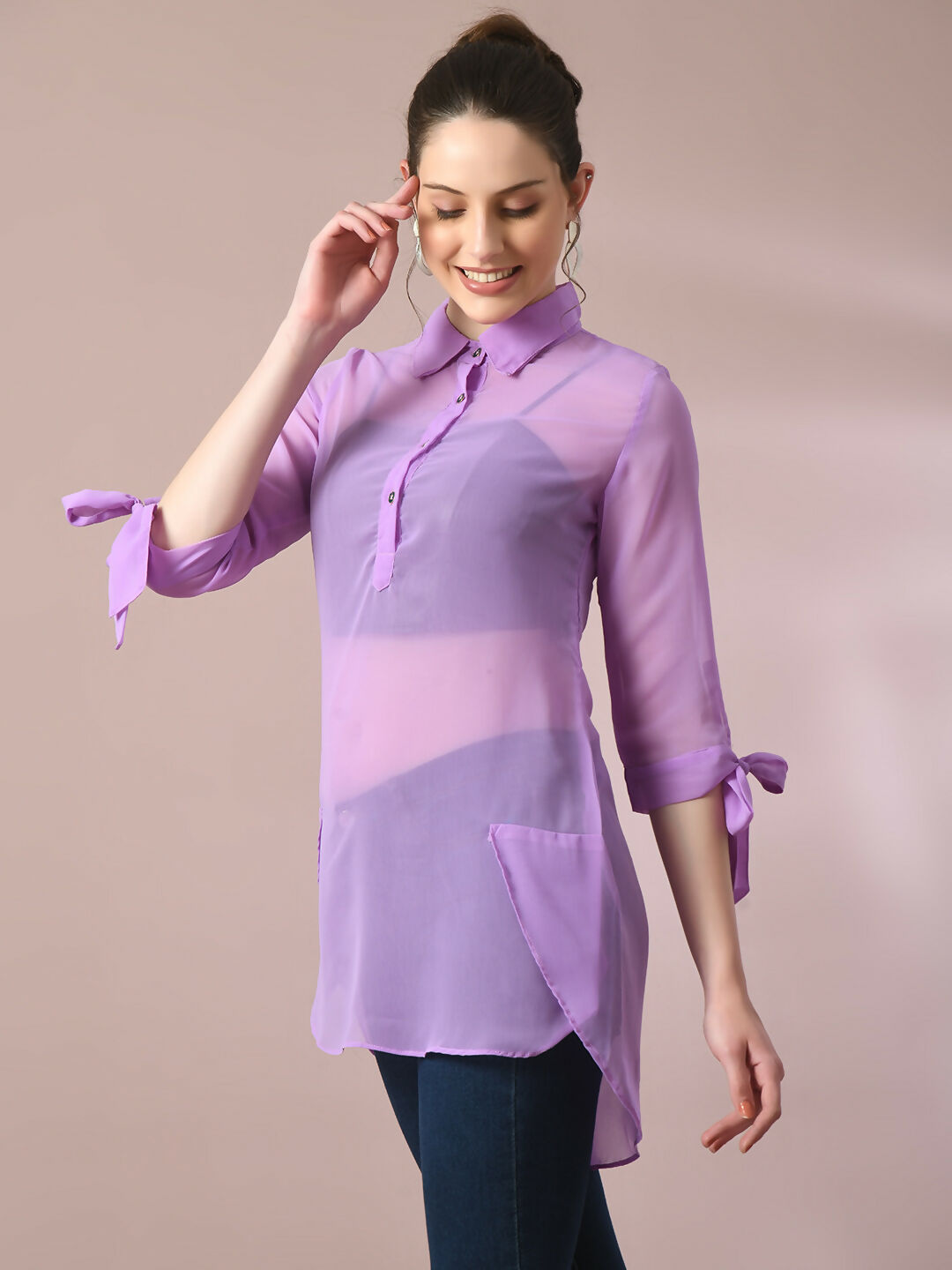 Myshka Women's Lavender Solid Georgette Longline Party Sheer Tunic - Distacart