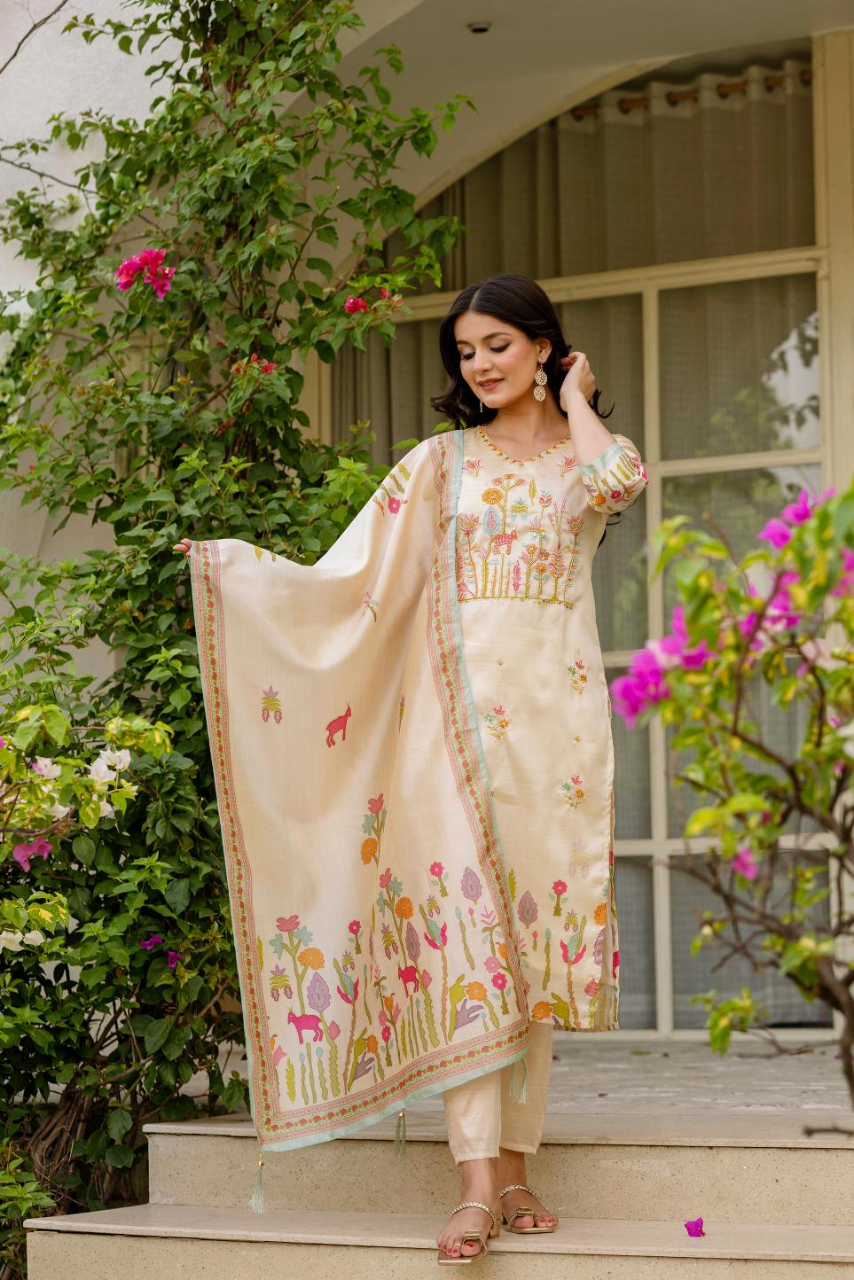 The52 Women's Beautiful Viscose Assam Silk Embroidered Straight Kurta with Pant And Dupatta Set