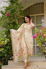 Thumbnail for The52 Women's Beautiful Viscose Assam Silk Embroidered Straight Kurta with Pant And Dupatta Set