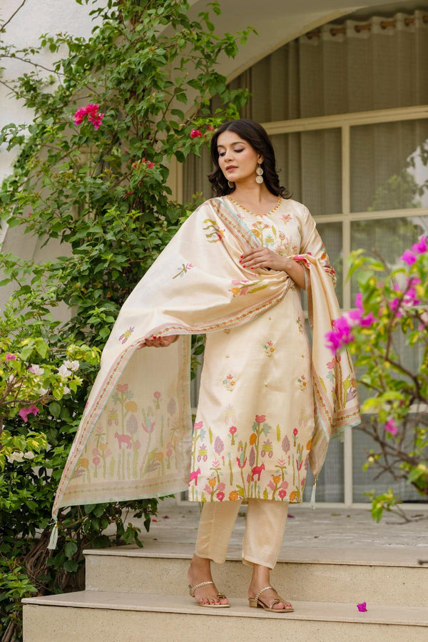 The52 Women's Beautiful Viscose Assam Silk Embroidered Straight Kurta with Pant And Dupatta Set