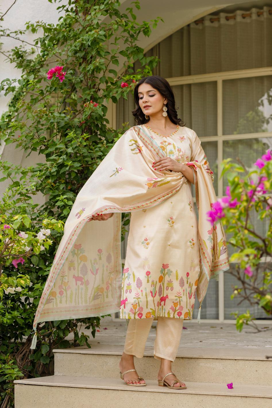 The52 Women's Beautiful Viscose Assam Silk Embroidered Straight Kurta with Pant And Dupatta Set