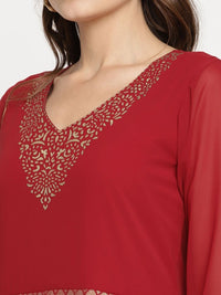 Thumbnail for Ahalyaa Women's Maroon Georgette Gold Foil Print Flared Kurta With Dupatta