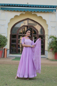 Thumbnail for Aastha Fashion Lavender Faux Georgette Printed Gown With Pant