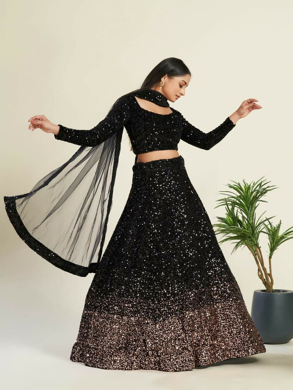 Jyoti Fashion Women's Black Velvet Heavy Sequins Semi Stitched Designer Lehenga Choli Set