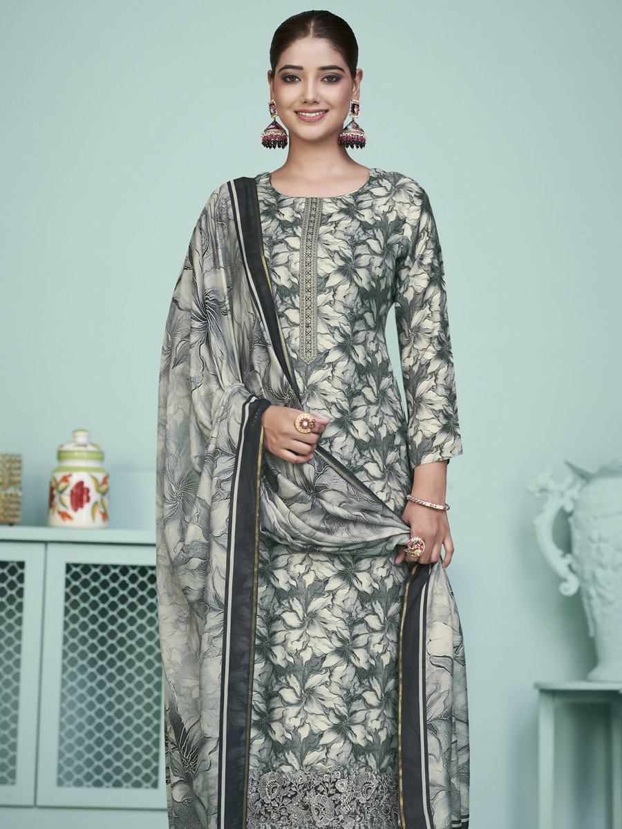 Aastha Fashion Women's Grey Muslin Digital Print with Resham Thread work Kurta with Trouser & Dupatta - Distacart