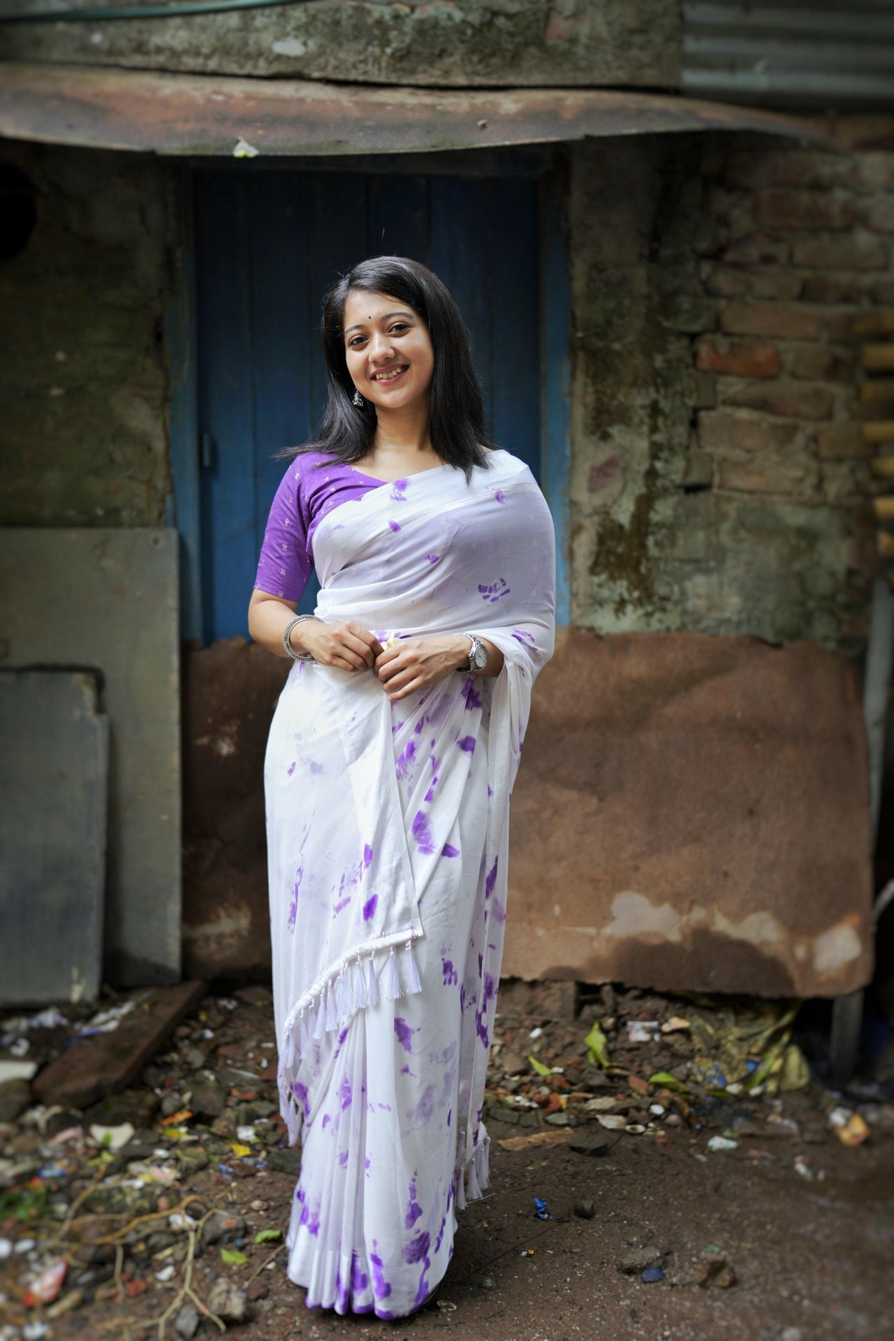 Lavender Poly Georgette Tie And Dye Saree with Unstitched Blouse - A2M