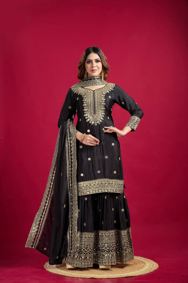 Lehenga Mart Chinon Silk Embroidery Sequence Work Top-Palazzo And Dupatta Set - Black - Distacart