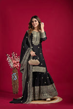 Thumbnail for Lehenga Mart Chinon Silk Embroidery Sequence Work Top-Palazzo And Dupatta Set - Black - Distacart