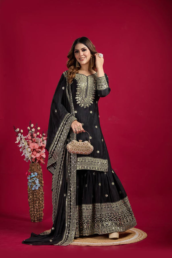 Lehenga Mart Chinon Silk Embroidery Sequence Work Top-Palazzo And Dupatta Set - Black - Distacart