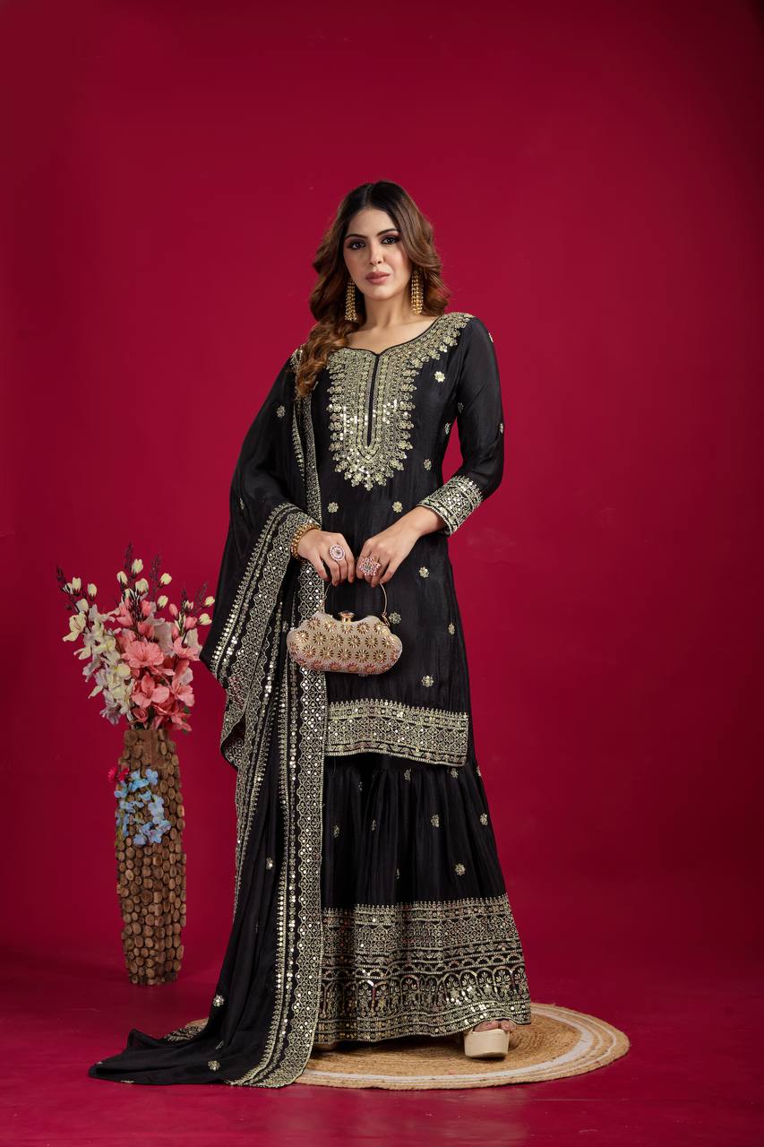 Lehenga Mart Chinon Silk Embroidery Sequence Work Top-Palazzo And Dupatta Set - Black - Distacart