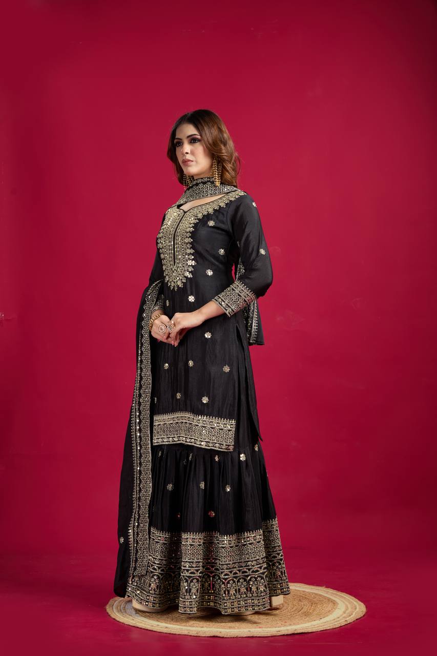 Lehenga Mart Chinon Silk Embroidery Sequence Work Top-Palazzo And Dupatta Set - Black - Distacart