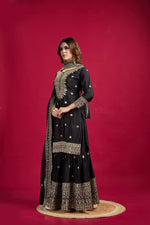 Thumbnail for Lehenga Mart Chinon Silk Embroidery Sequence Work Top-Palazzo And Dupatta Set - Black - Distacart