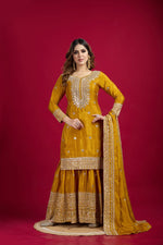 Thumbnail for Lehenga Mart Chinon Silk Embroidery Sequence Work Top-Palazzo And Dupatta Set - Mustard - Distacart