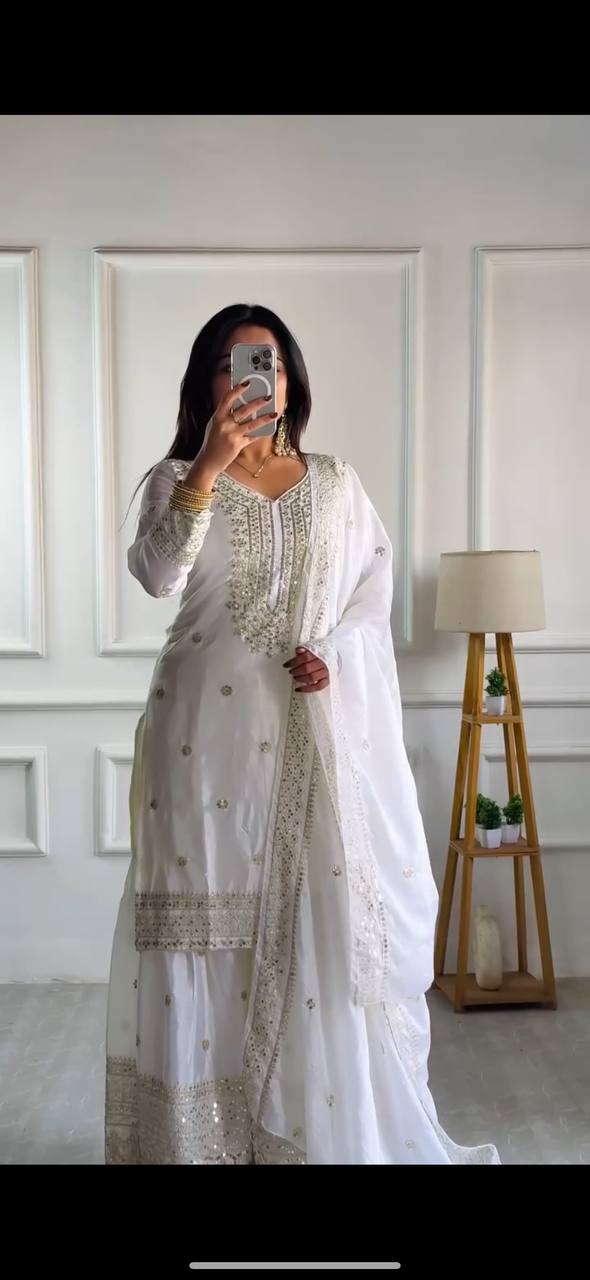Lehenga Mart Chinon Silk Embroidery Sequence Work Top-Palazzo And Dupatta Set - White - Distacart