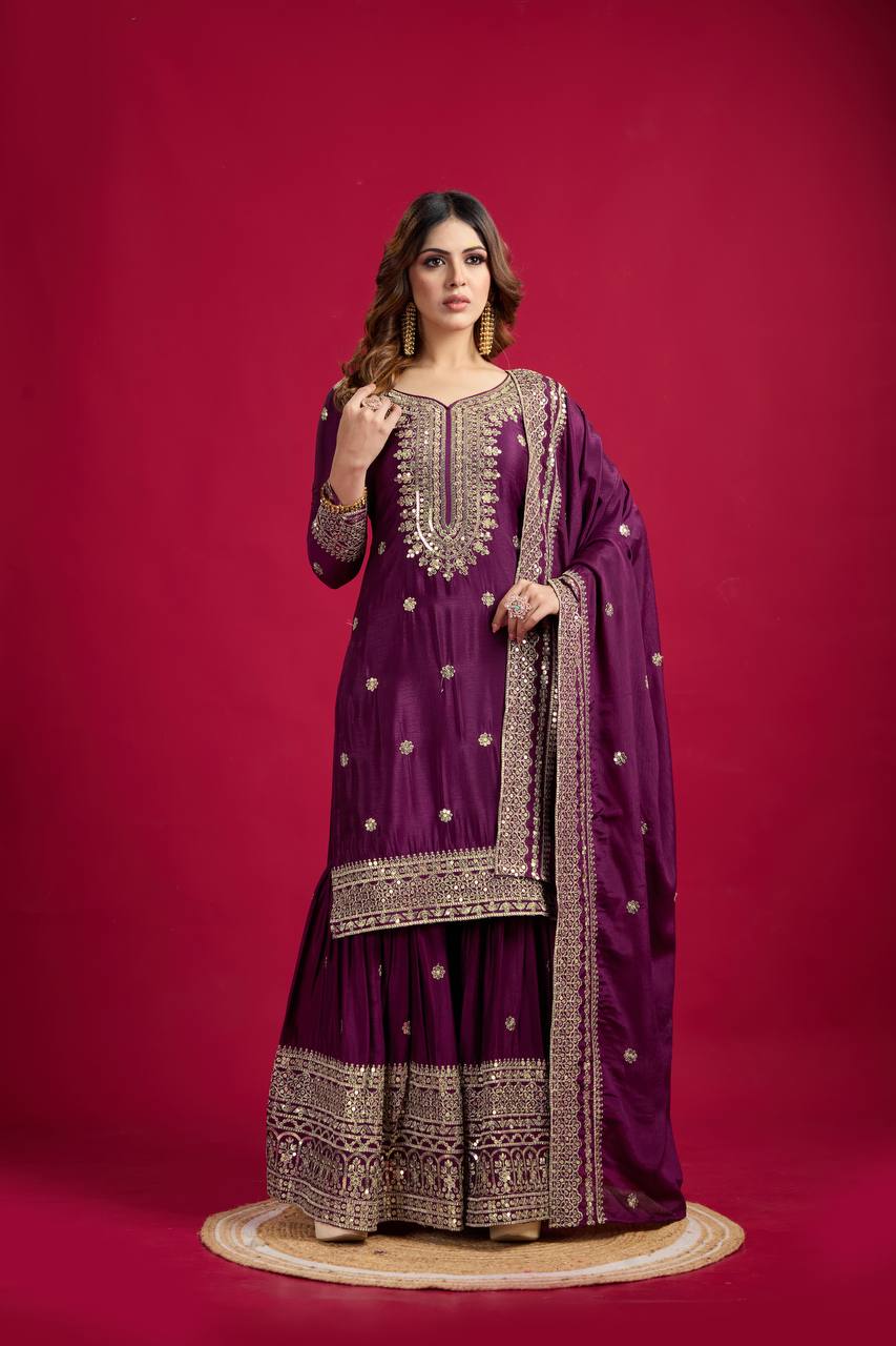 Lehenga Mart Chinon Silk Embroidery Sequence Work Top-Palazzo And Dupatta Set - Wine - Distacart