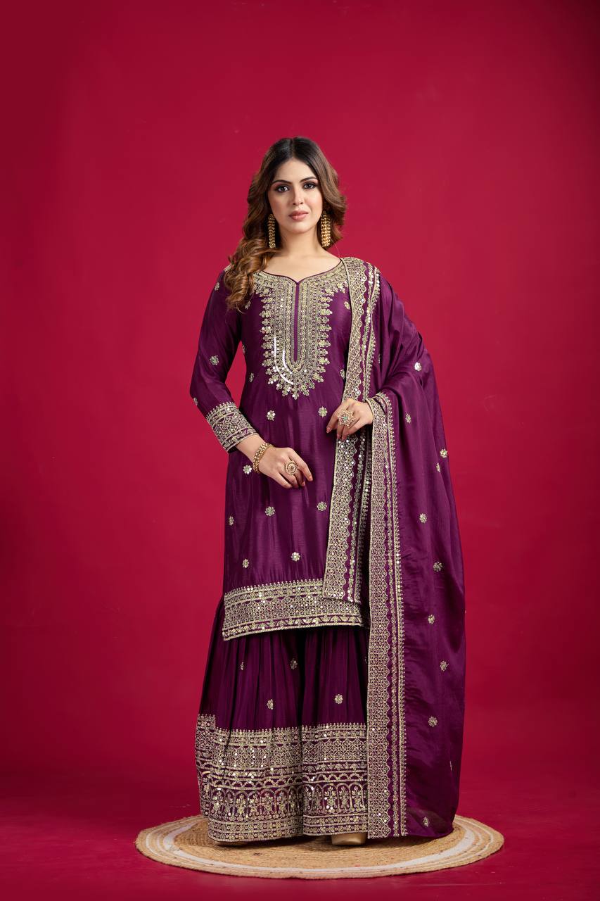 Lehenga Mart Chinon Silk Embroidery Sequence Work Top-Palazzo And Dupatta Set - Wine - Distacart