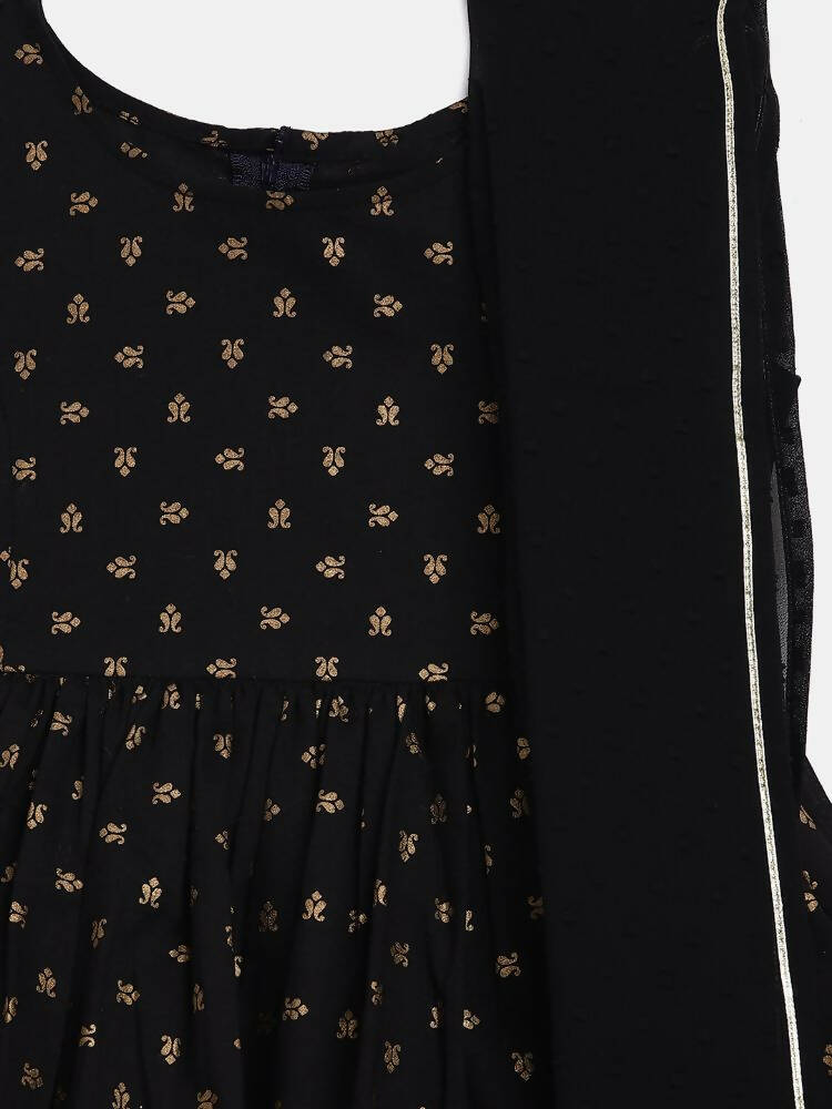 Ahalyaa Black Cotton Gold Print Kids Kurta Sharara Sets For Girls - Distacart